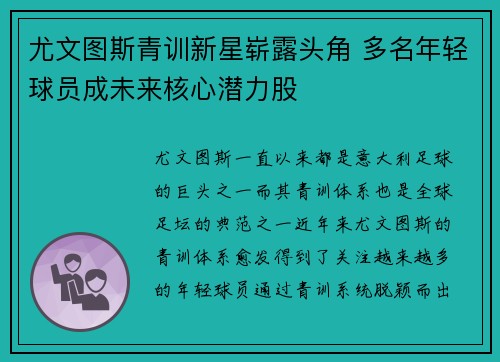 尤文图斯青训新星崭露头角 多名年轻球员成未来核心潜力股